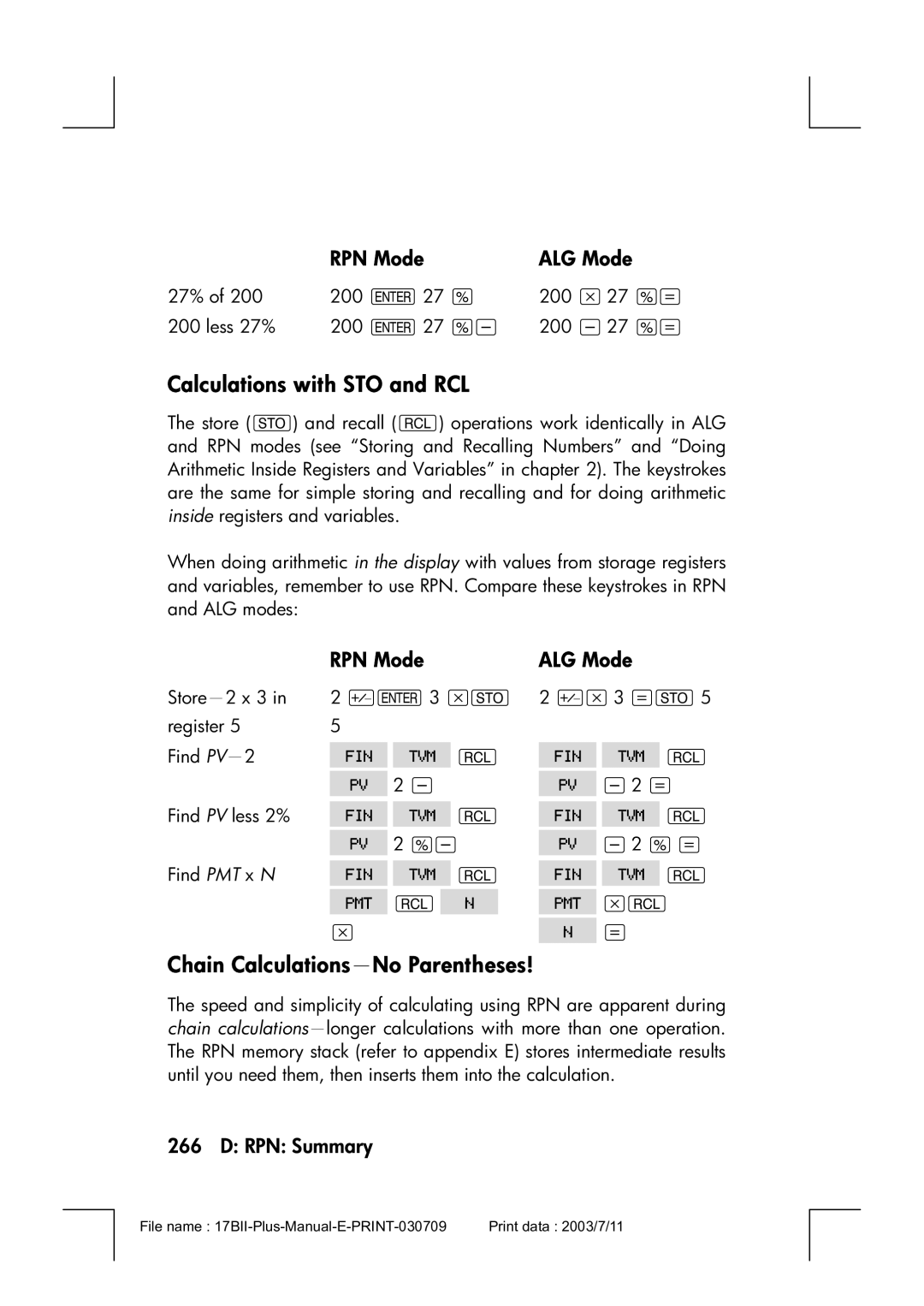 HP 17bII manual Calculations with STO and RCL, Chain Calculations－No Parentheses, RPN Mode ALG Mode 