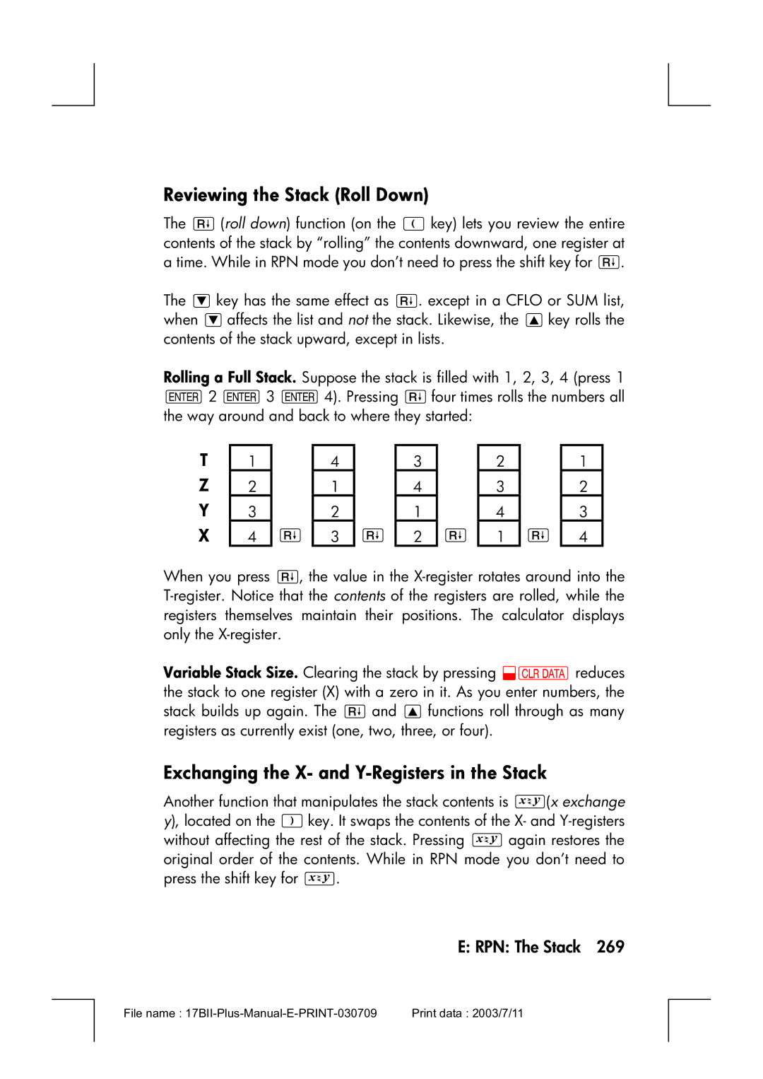 HP 17bII manual Reviewing the Stack Roll Down, Exchanging the X- and Y-Registers in the Stack 