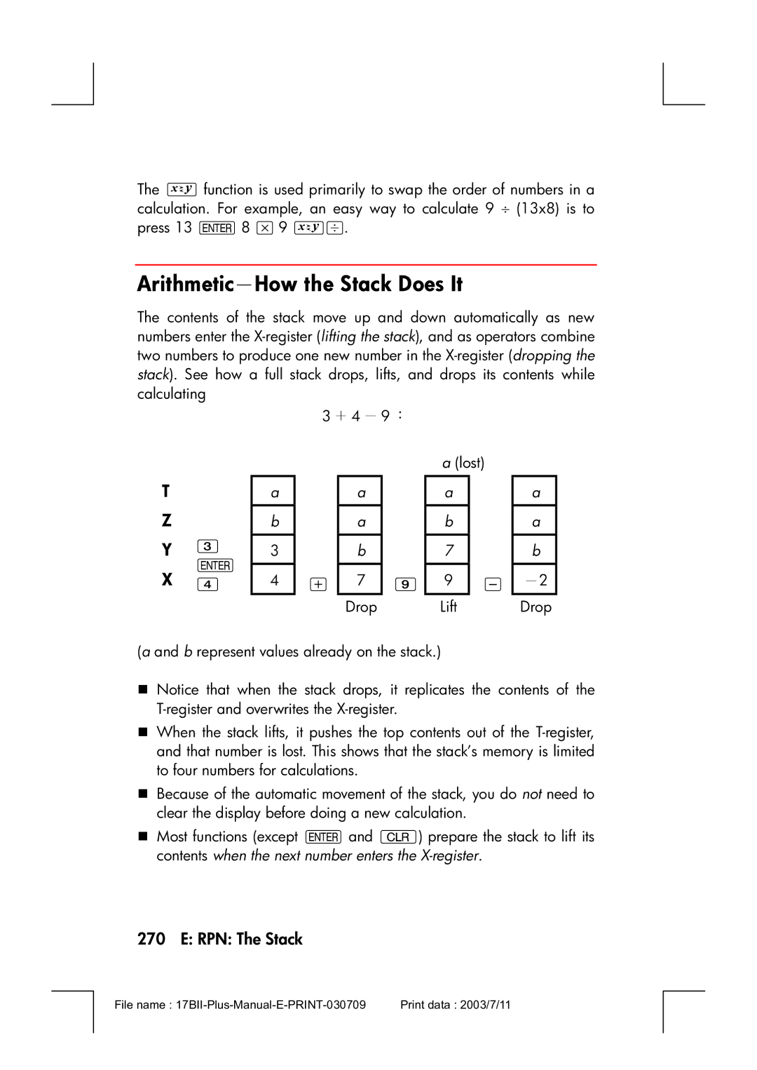 HP 17bII manual Arithmetic－How the Stack Does It 