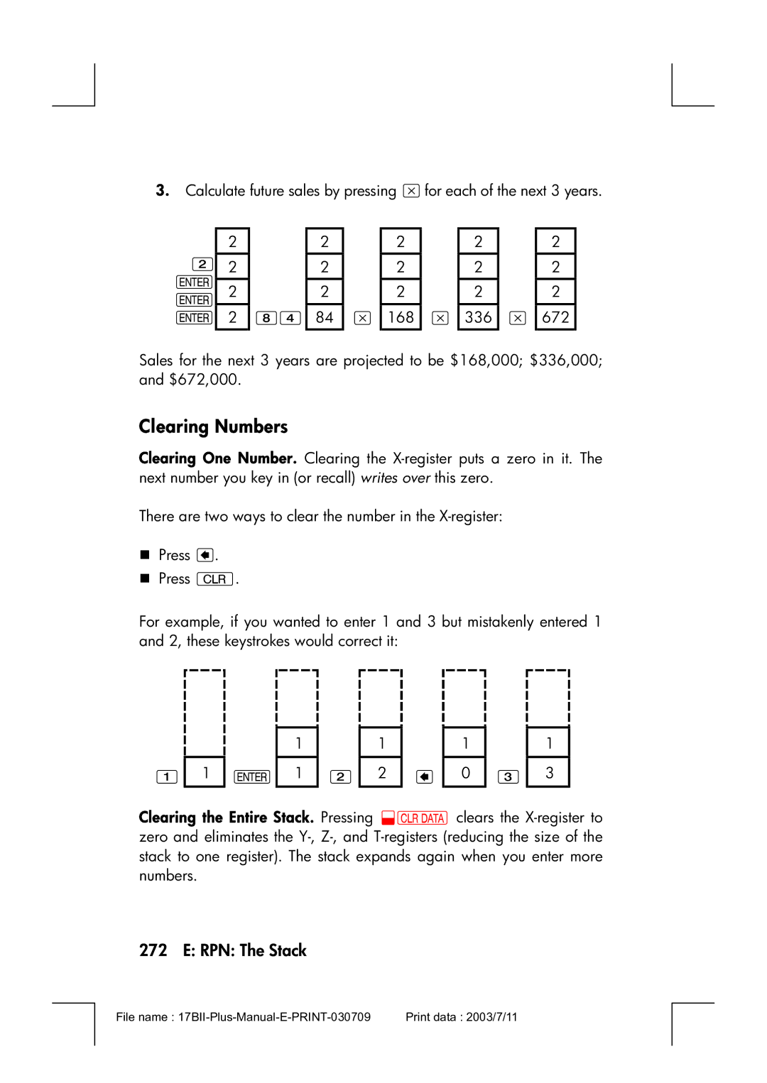 HP 17bII manual Clearing Numbers 