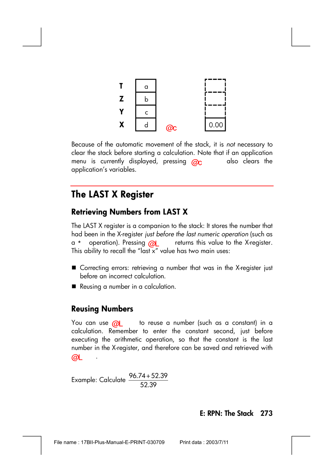 HP 17bII manual Last X Register, Retrieving Numbers from Last, Reusing Numbers 