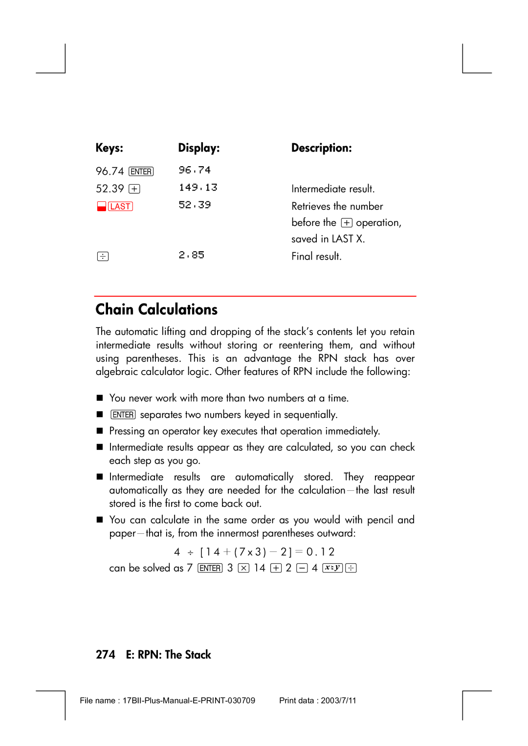 HP 17bII manual Chain Calculations, KeysDisplayDescription 