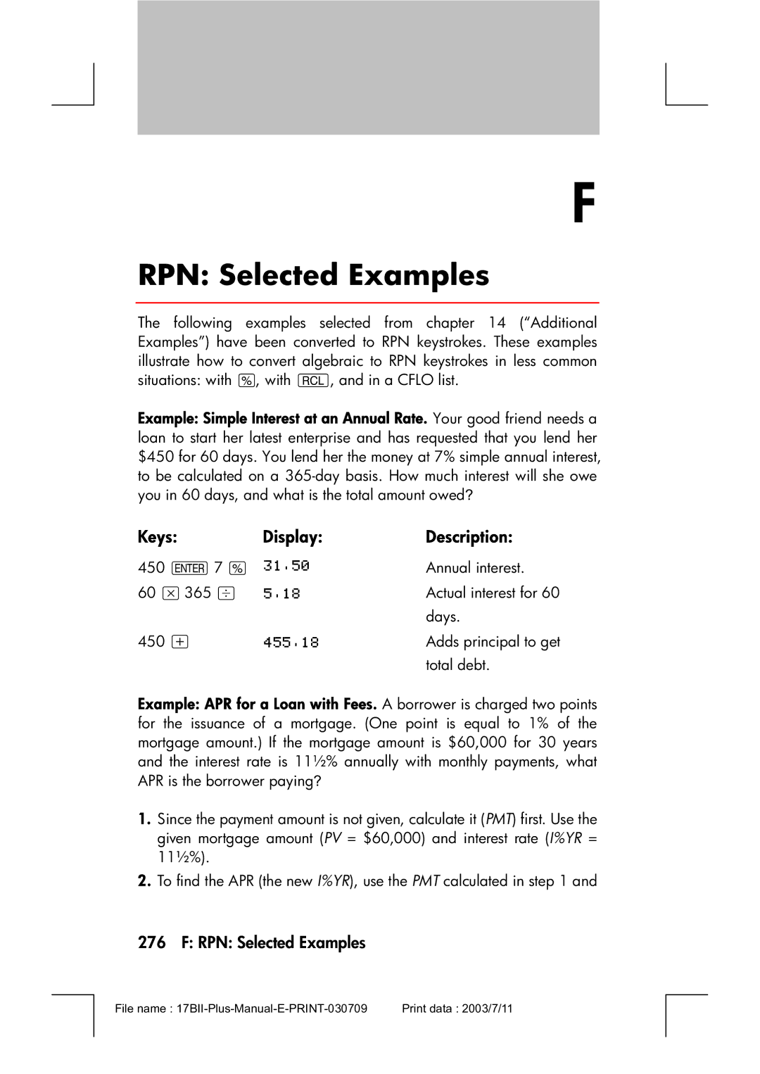 HP 17bII manual RPN Selected Examples 