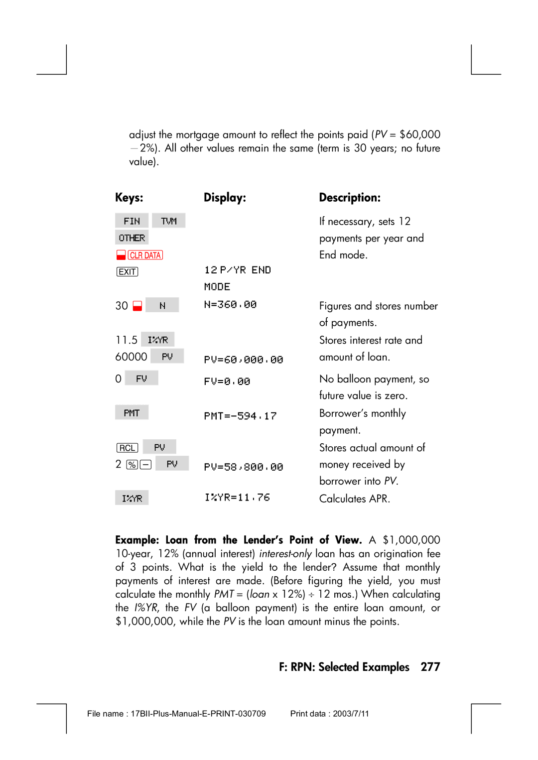 HP 17bII manual RPN Selected Examples 