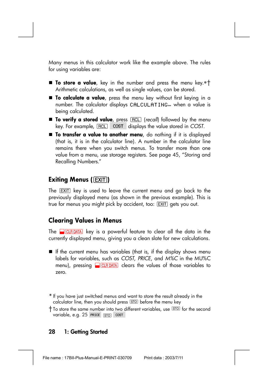 HP 17bII manual Exiting Menus e, Clearing Values in Menus, 28 1 Getting Started 