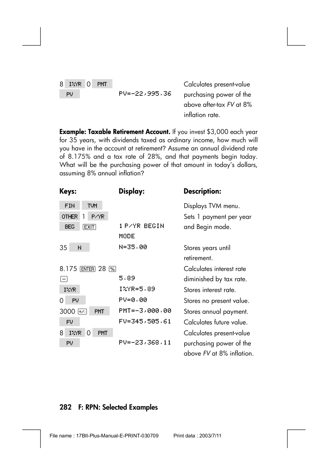 HP 17bII manual # 5?@2 JH= Begin mode 