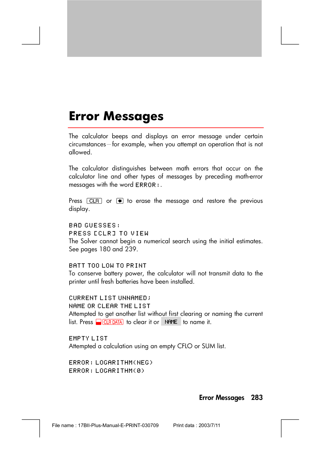 HP 17bII manual Error Messages 