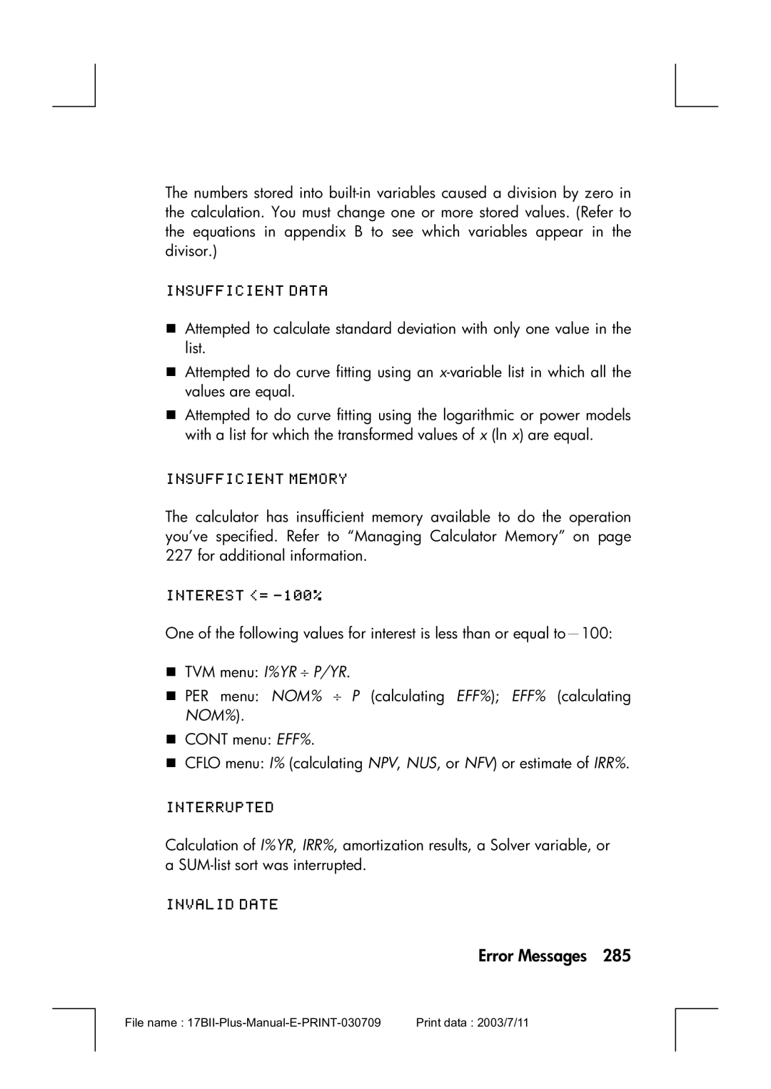 HP 17bII manual Error Messages 