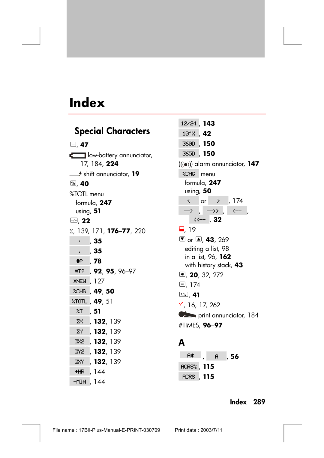 HP 17bII manual Index, #Special Characters, 143 2, 42 -,150 