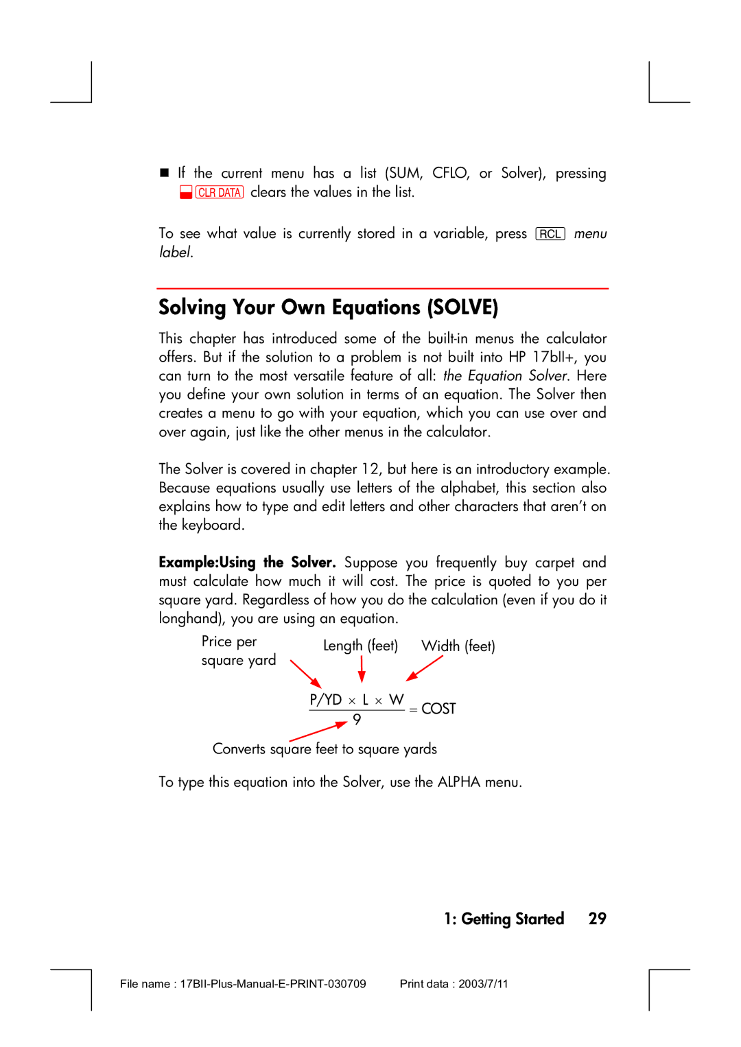 HP 17bII manual Solving Your Own Equations Solve, = Cost 