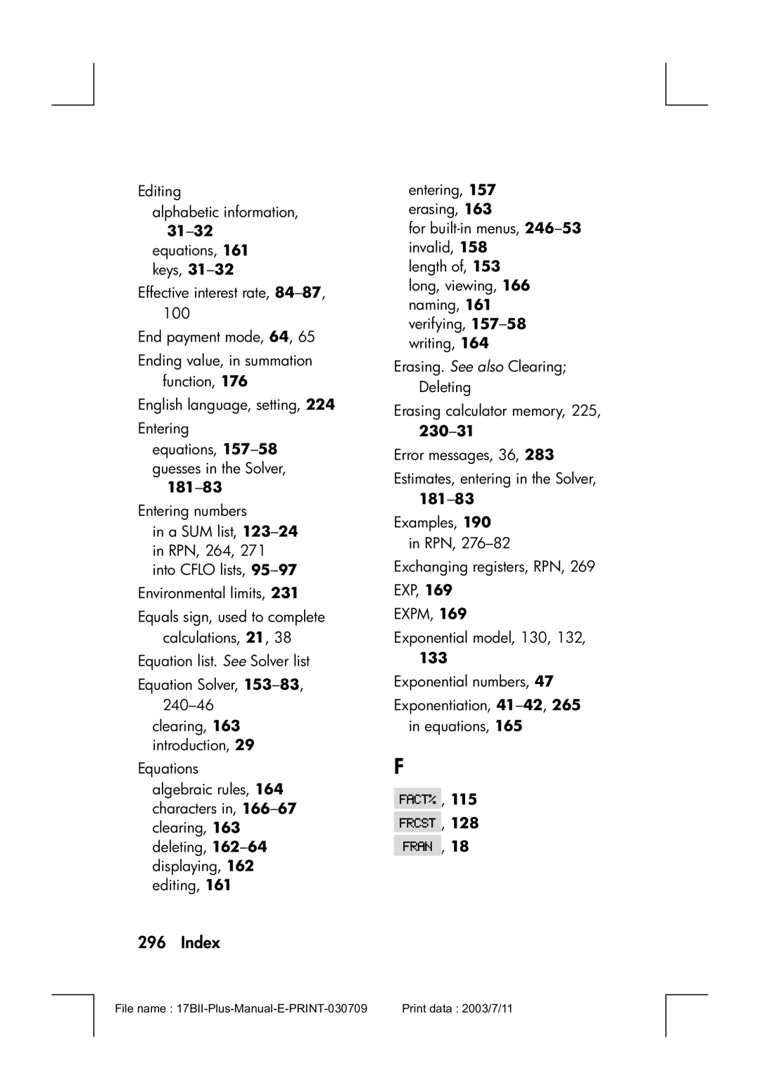 HP 17bII manual 181-83, 133 