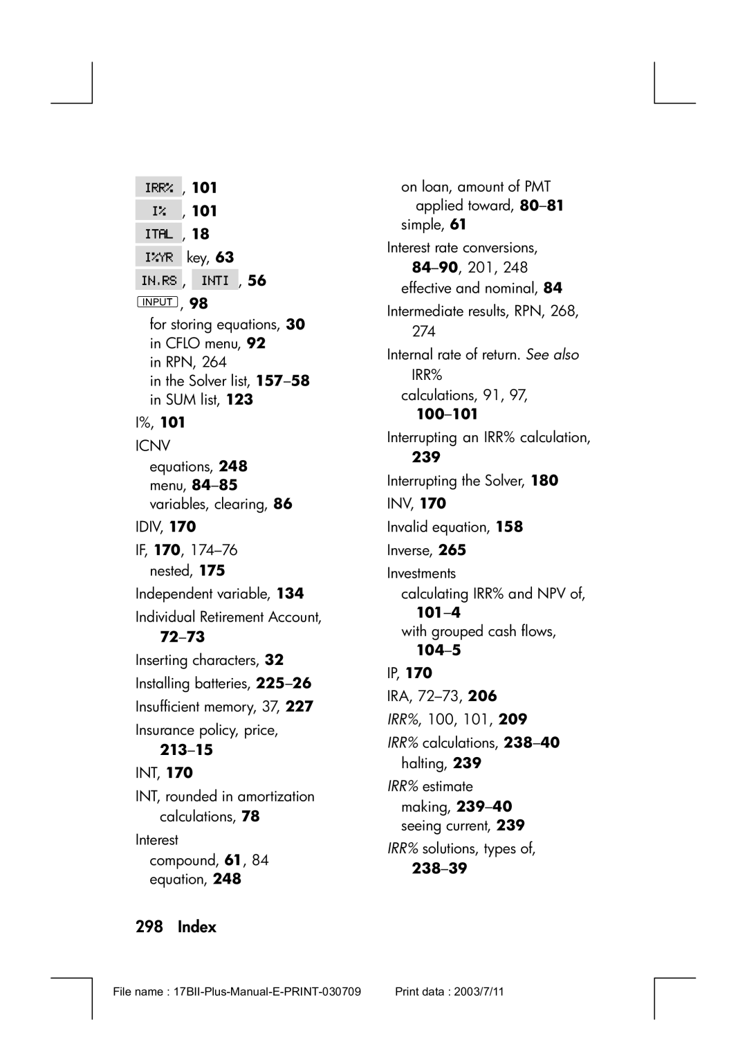 HP 17bII manual 72-73, 213-15, 239 