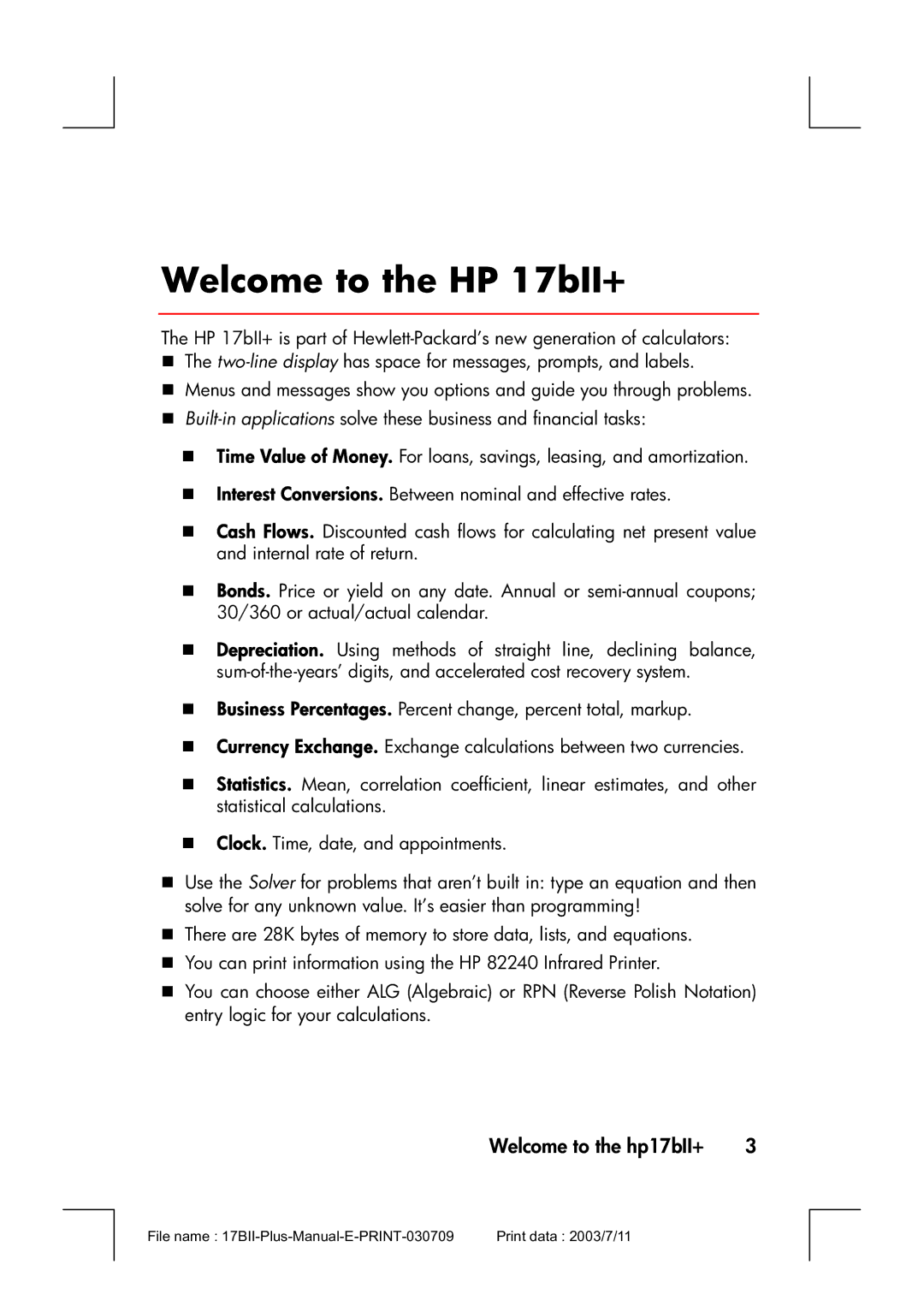 HP manual Welcome to the HP 17bII+, Welcome to the hp17bII+ 