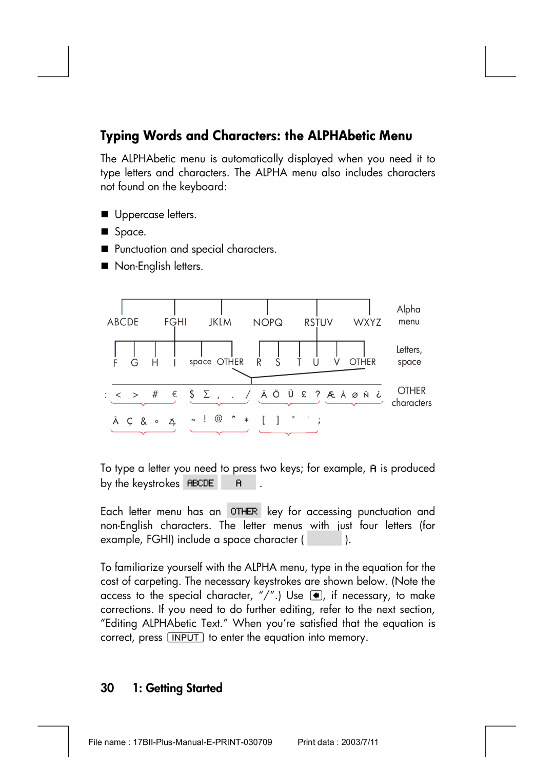 HP 17bII manual Typing Words and Characters the ALPHAbetic Menu, 30 1 Getting Started 