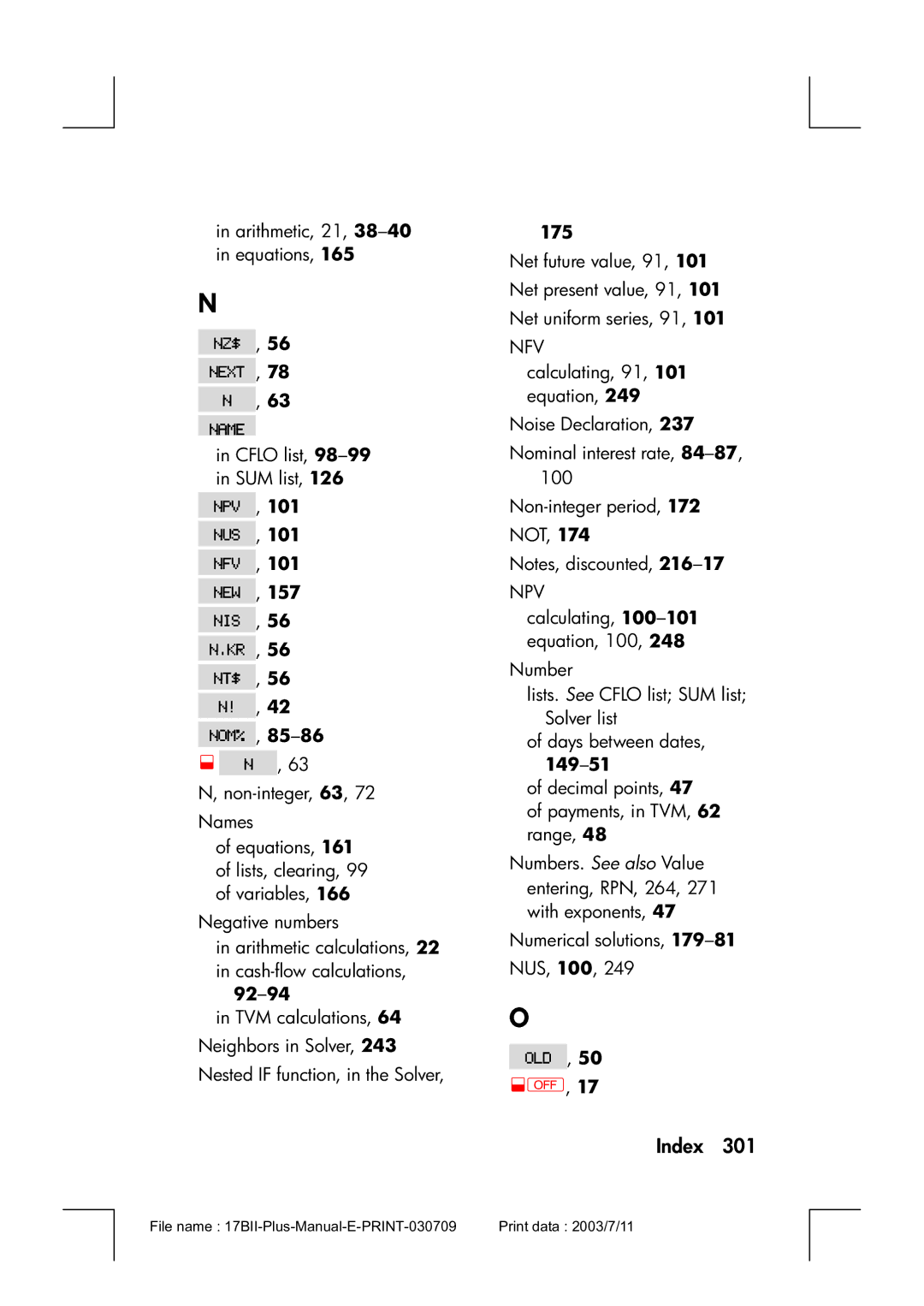 HP 17bII manual 101 w, 101 x, 101 /, 157 @, 56 B, 56 J, 56 4, 42 j, 92-94, 175 