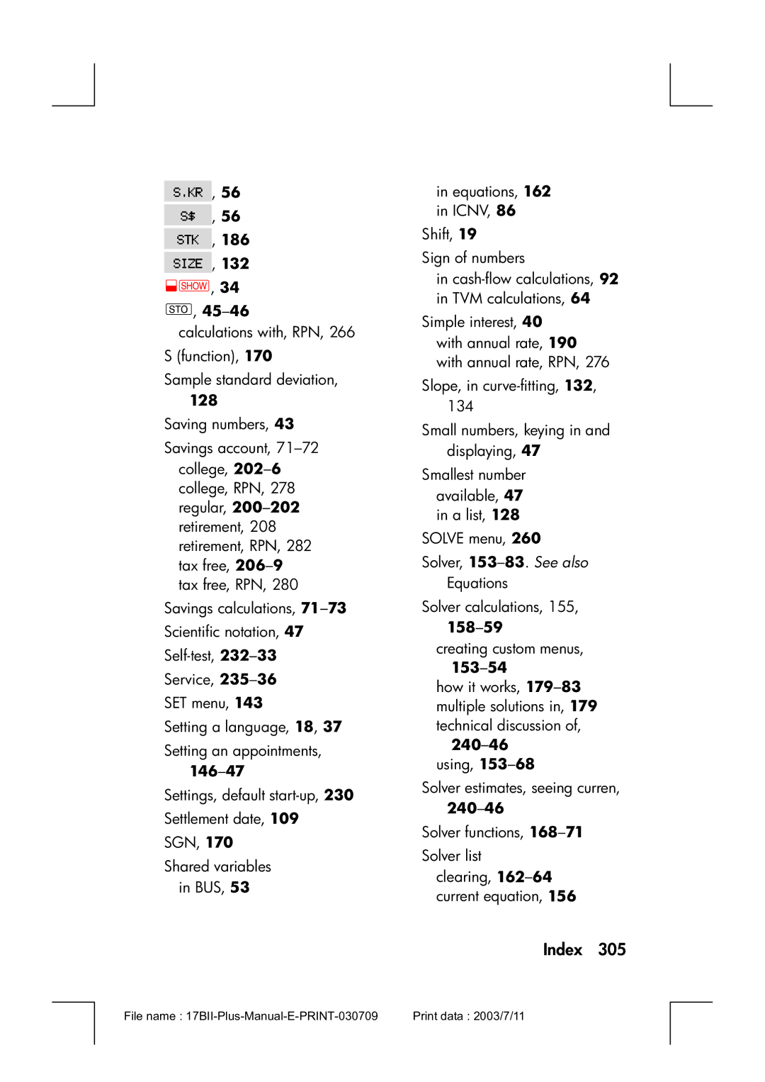 HP 17bII manual 56 Q, 56 l, 186 ¡, 128, 146-47, Using 