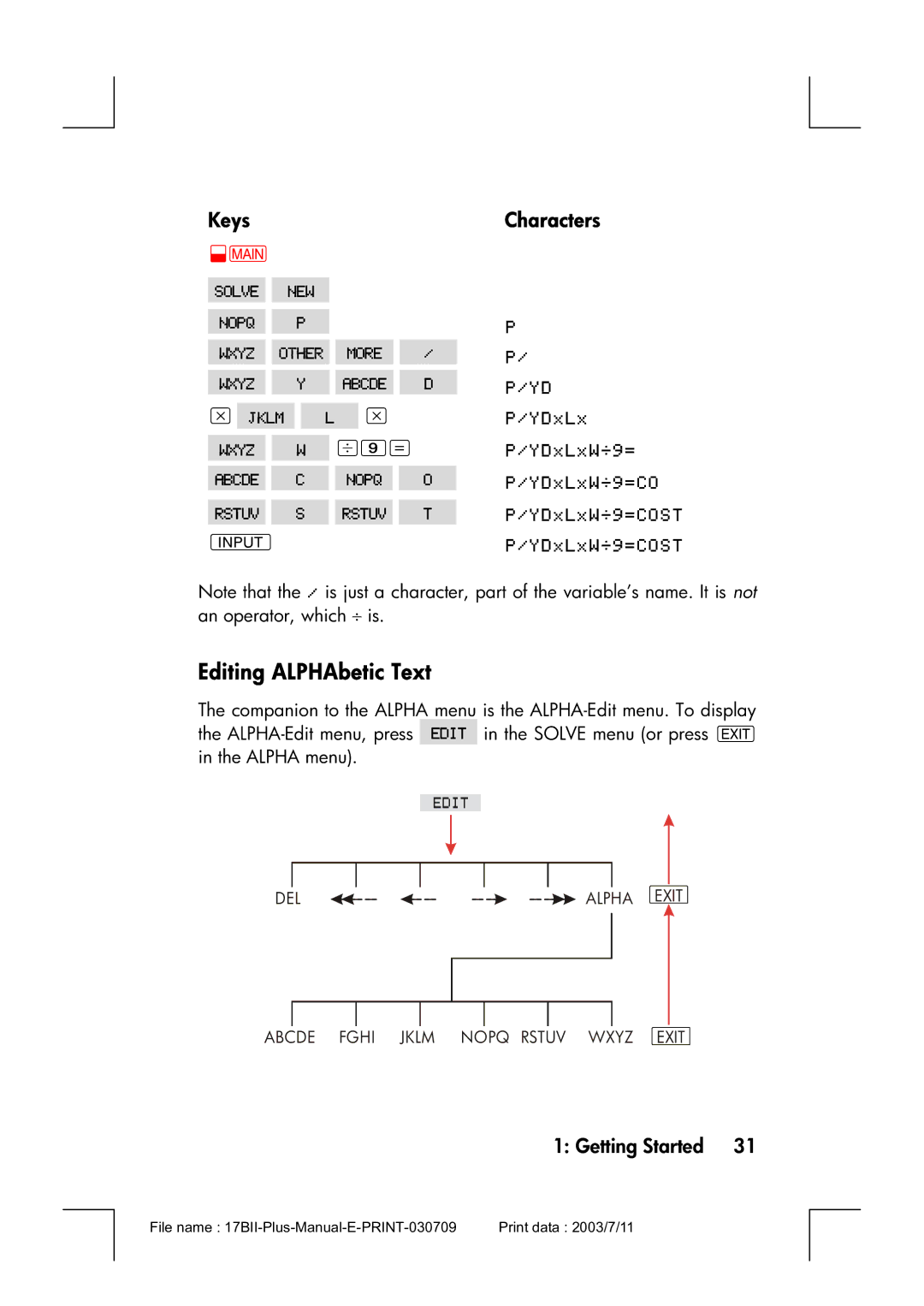 HP 17bII manual Editing ALPHAbetic Text, Keys, 34 5?, Characters 