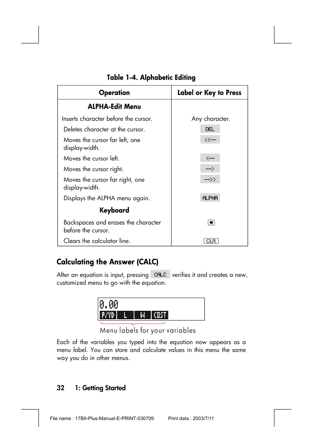 HP 17bII Calculating the Answer Calc, Alphabetic Editing Operation Label or Key to Press, Keyboard, 32 1 Getting Started 