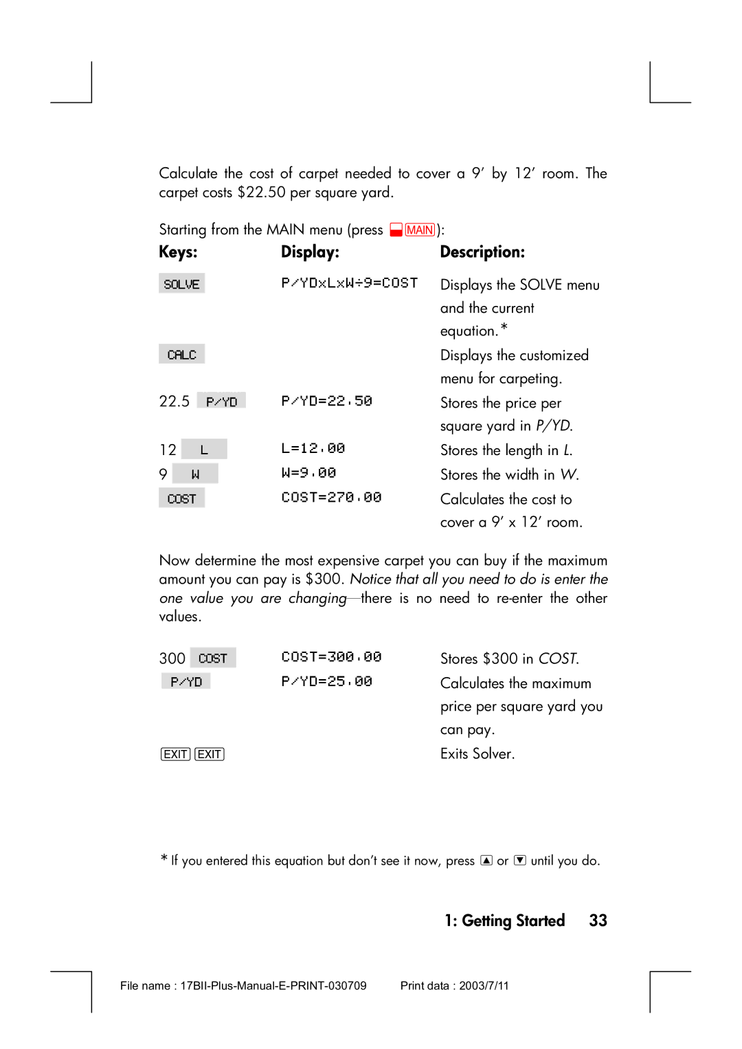 HP 17bII manual Menu for carpeting 