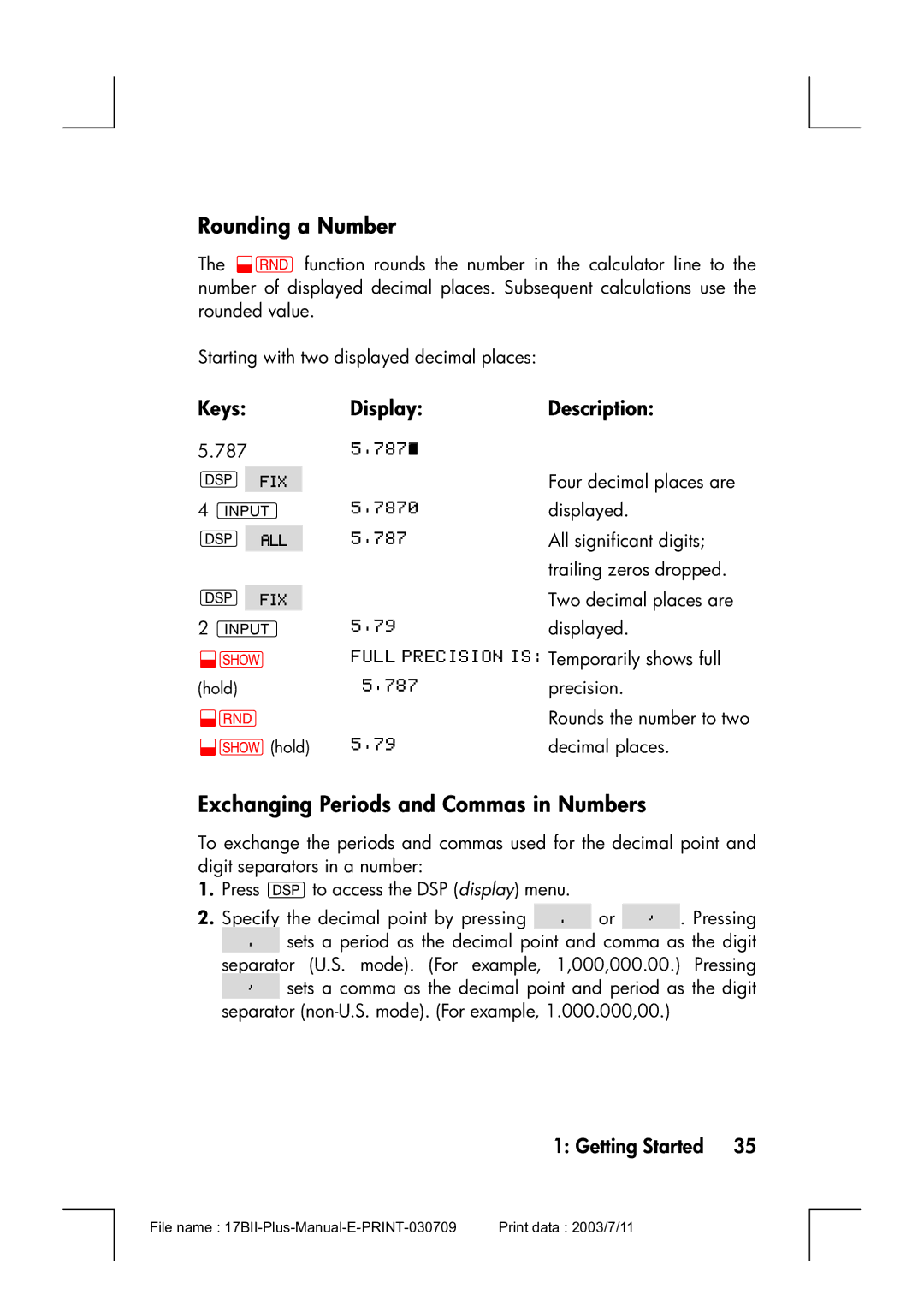 HP 17bII manual Rounding a Number, Exchanging Periods and Commas in Numbers 