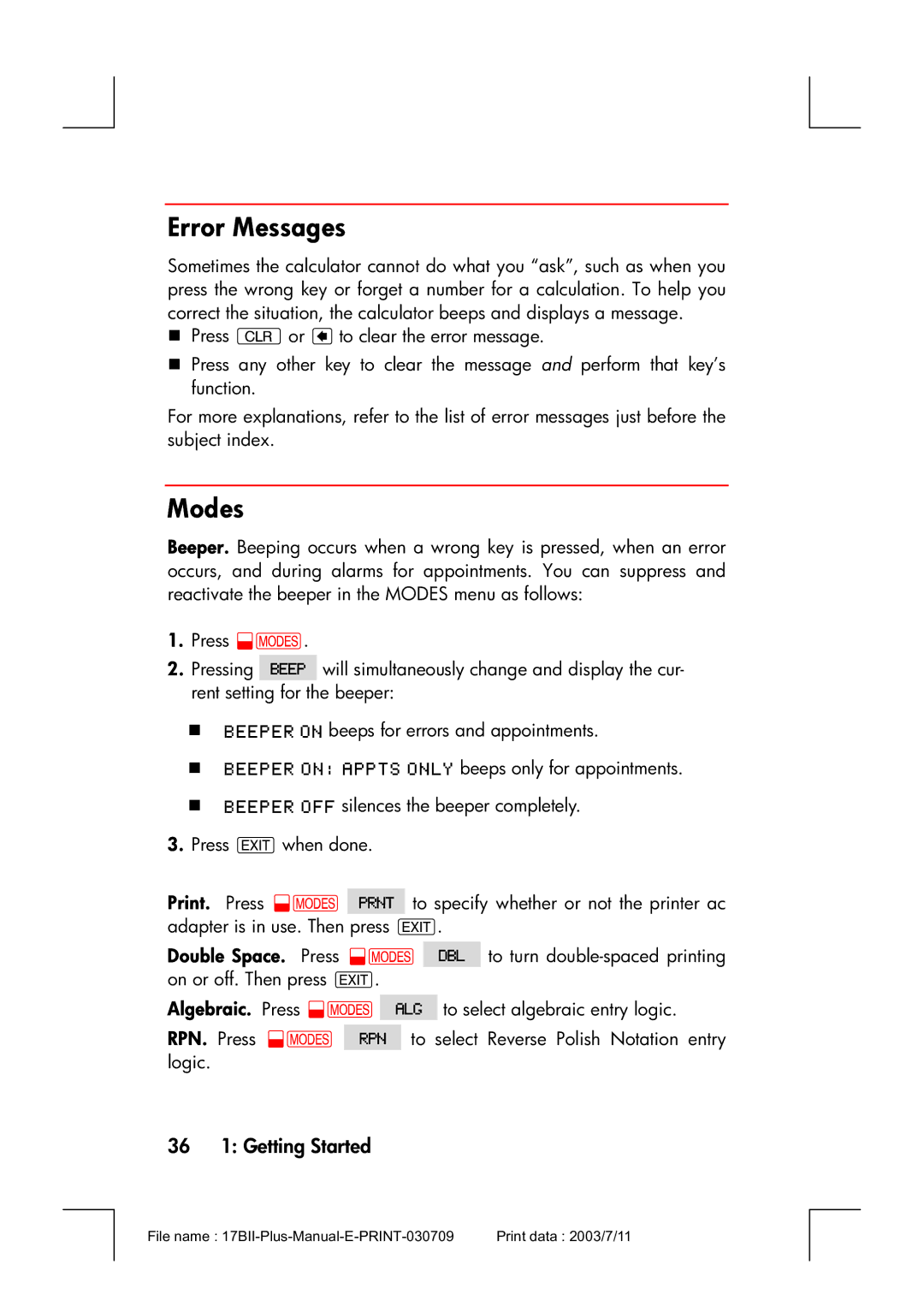 HP 17bII manual Error Messages, Modes, 36 1 Getting Started 