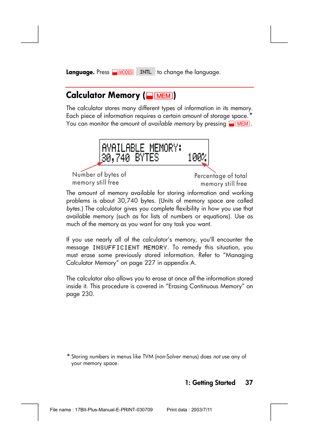 HP 17bII manual Calculator Memory @M, Memory still free 