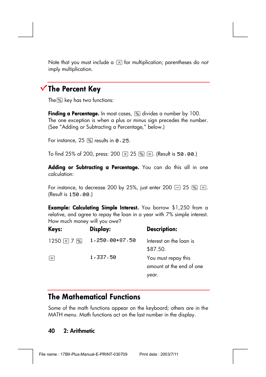 HP 17bII manual VThe Percent Key, Mathematical Functions, 40 2 Arithmetic 