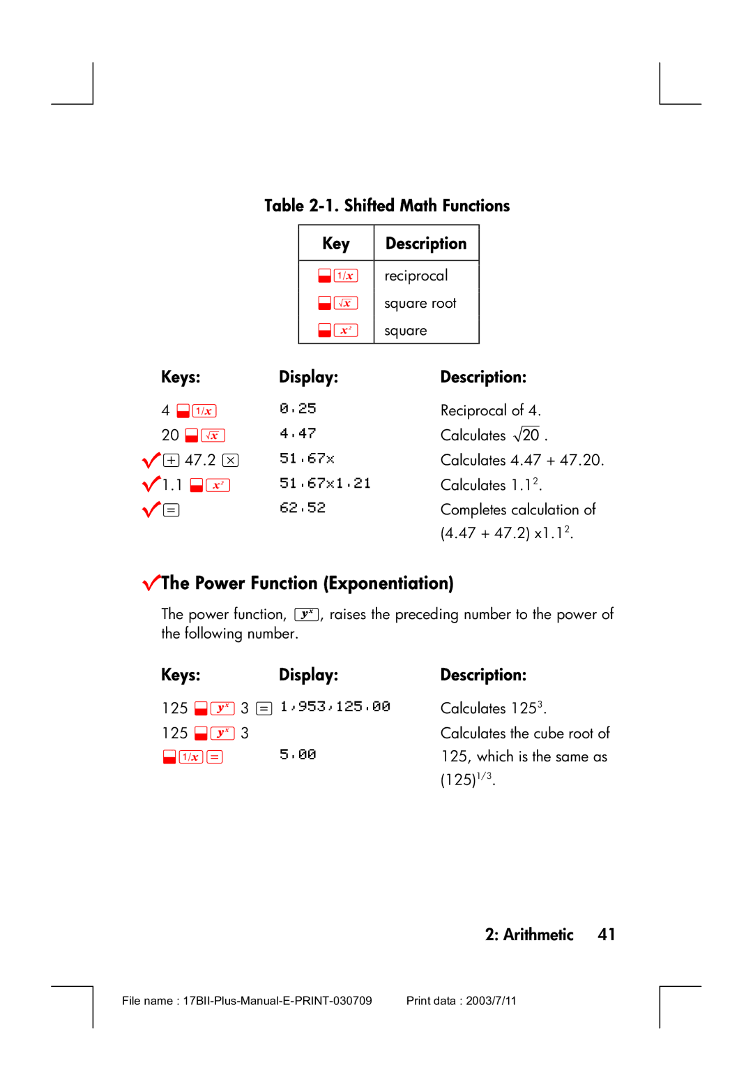 HP 17bII manual VThe Power Function Exponentiation, Shifted Math Functions, Key 