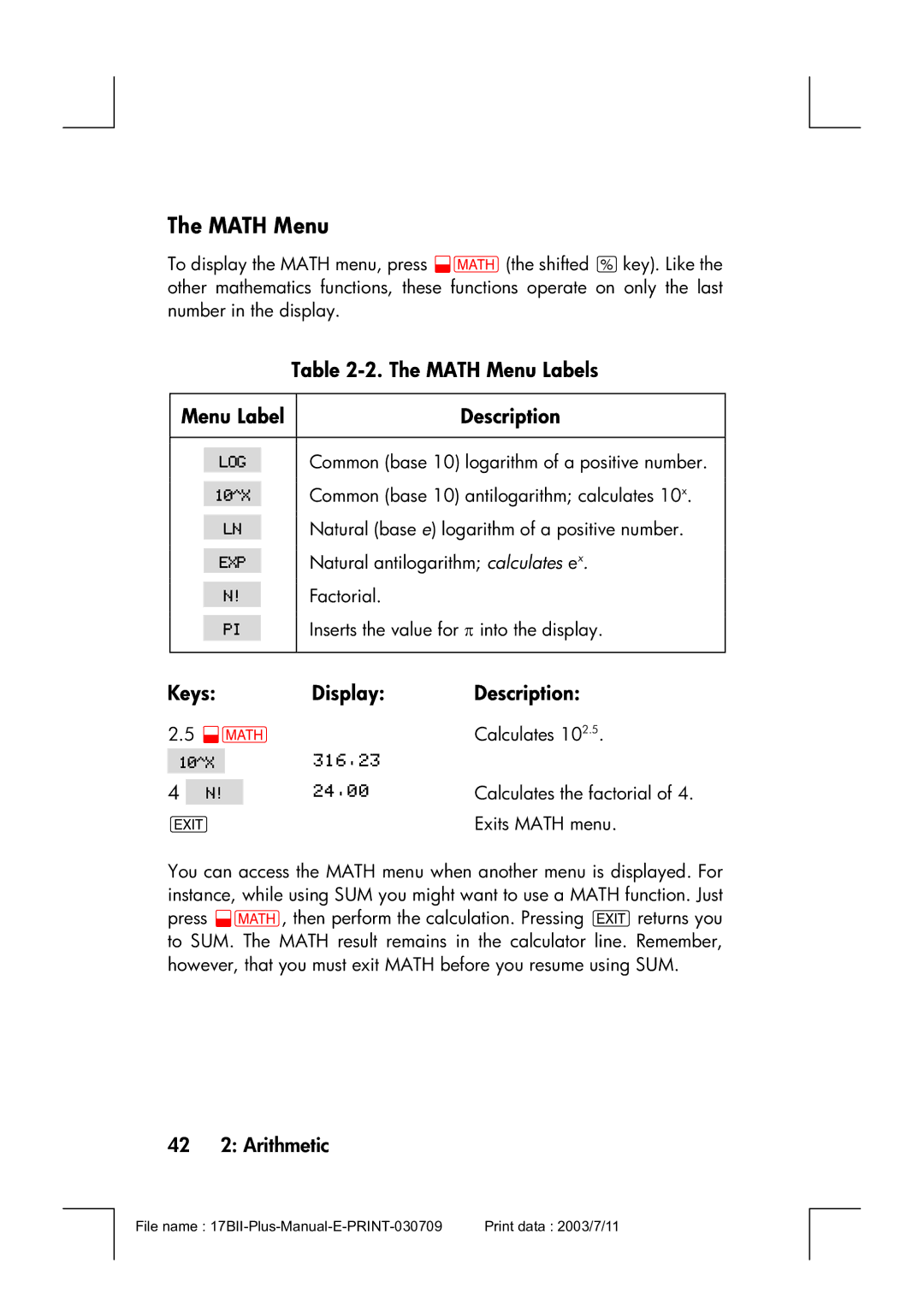 HP 17bII manual Math Menu Labels, KeysDisplay Description, 42 2 Arithmetic 