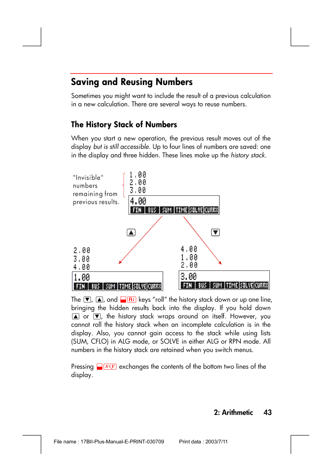 HP 17bII manual Saving and Reusing Numbers, History Stack of Numbers 