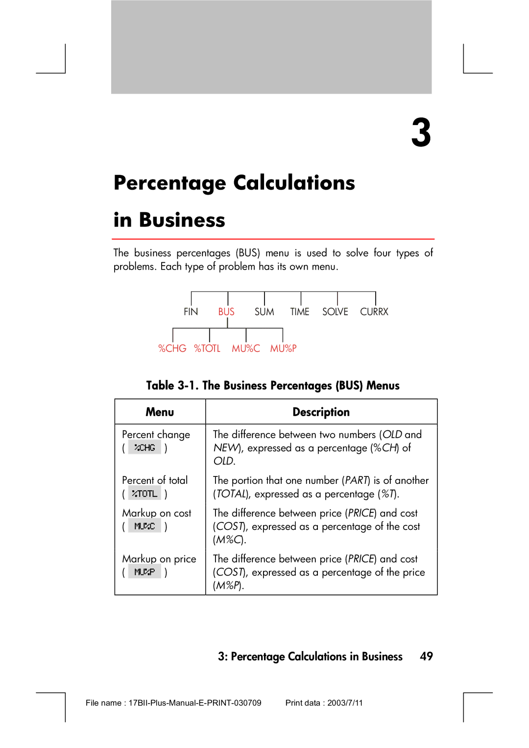 HP 17bII manual Percentage Calculations Business, Business Percentages BUS Menus, Menu Description 