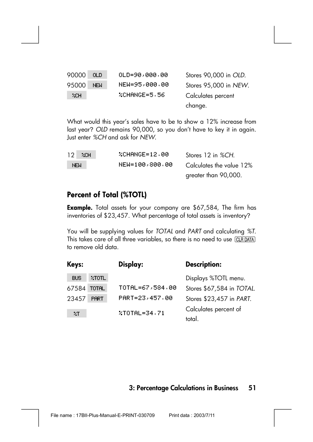 HP 17bII manual Percent of Total %TOTL, Keys Display Description 