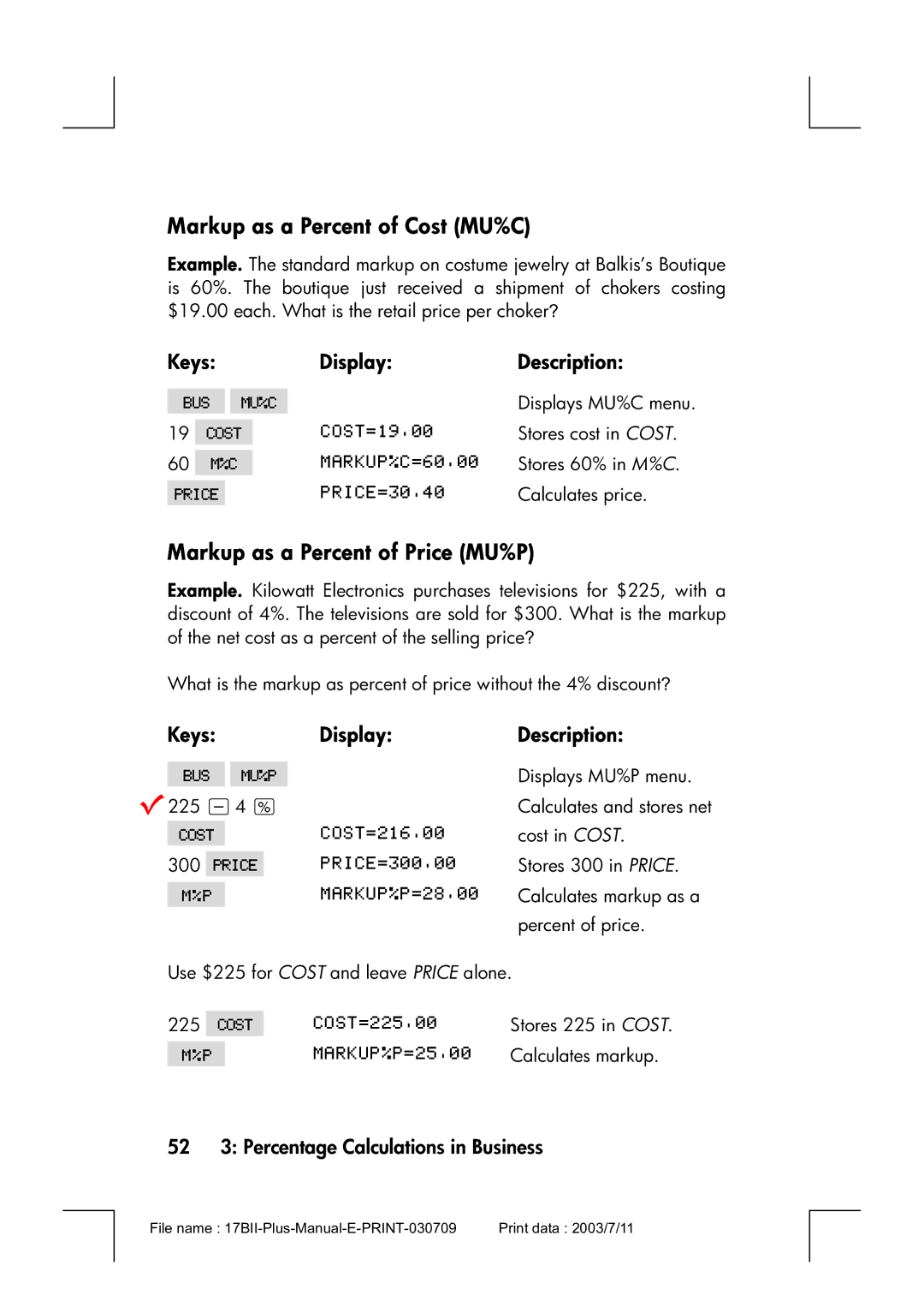 HP 17bII Markup as a Percent of Cost MU%C, Markup as a Percent of Price MU%P, 52 3 Percentage Calculations in Business 