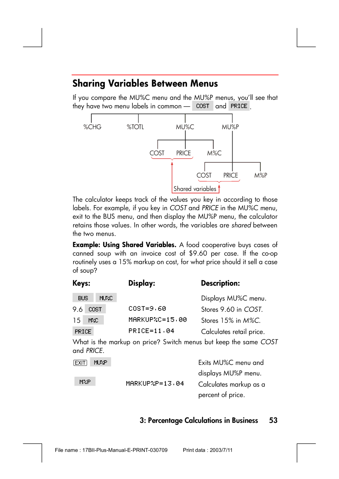 HP 17bII manual Sharing Variables Between Menus, Cost Price M%C Cost Price M%P 