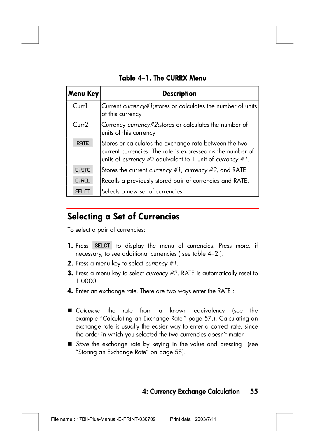 HP 17bII manual Selecting a Set of Currencies, Currx Menu, Currency Exchange Calculation 