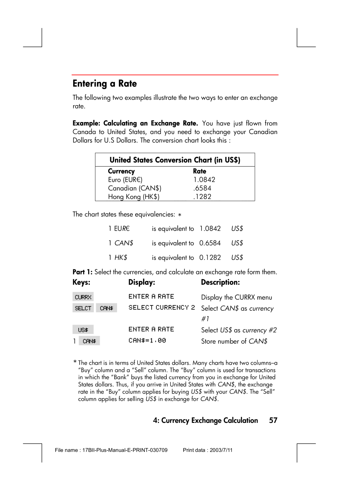 HP 17bII manual Entering a Rate, United States Conversion Chart in US$, Currency Rate 