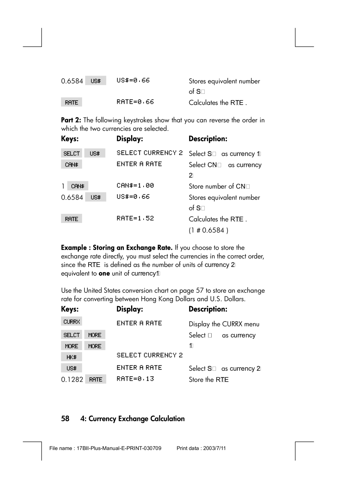 HP 17bII manual 58 4 Currency Exchange Calculation, Select CAN$ as currency, Select HK$ as currency 