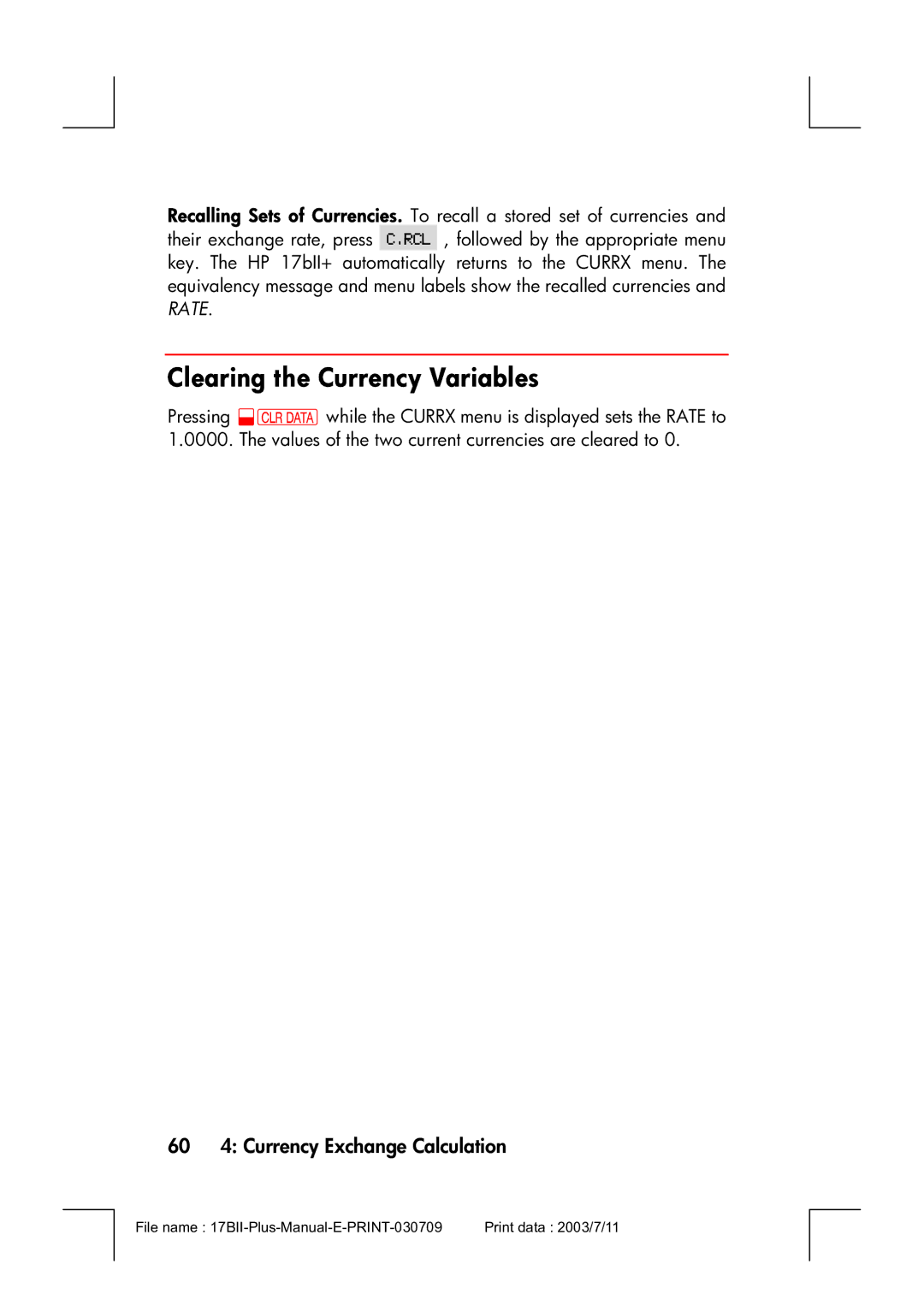 HP 17bII manual Clearing the Currency Variables, 60 4 Currency Exchange Calculation 