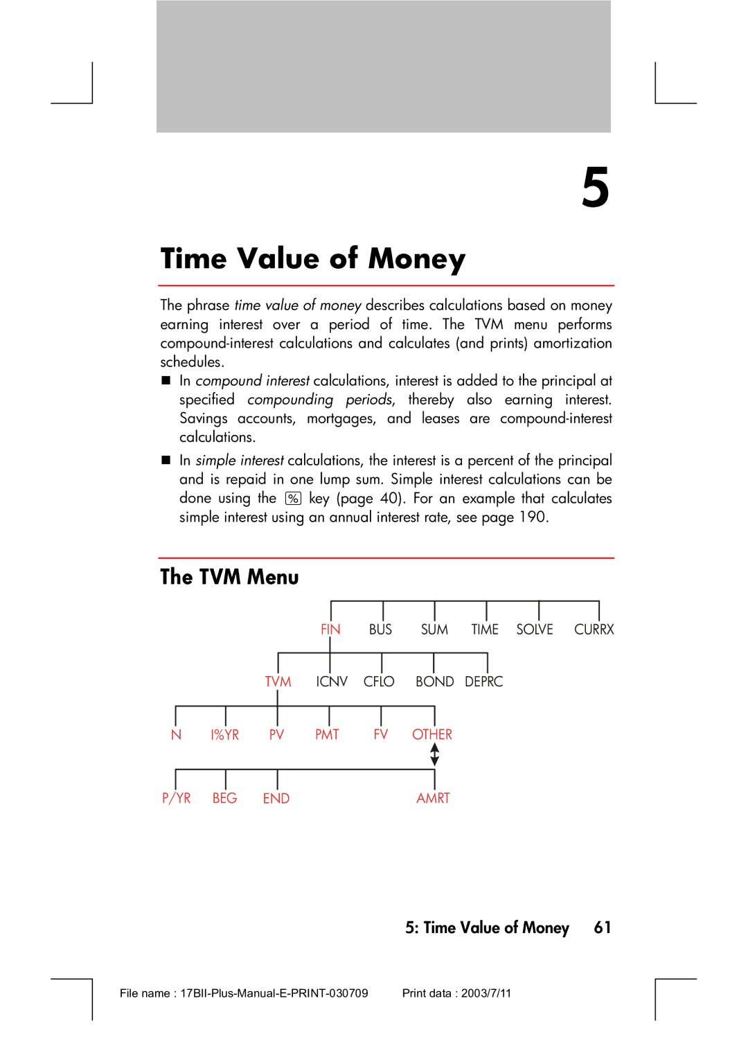 HP 17bII manual Time Value of Money, TVM Menu 