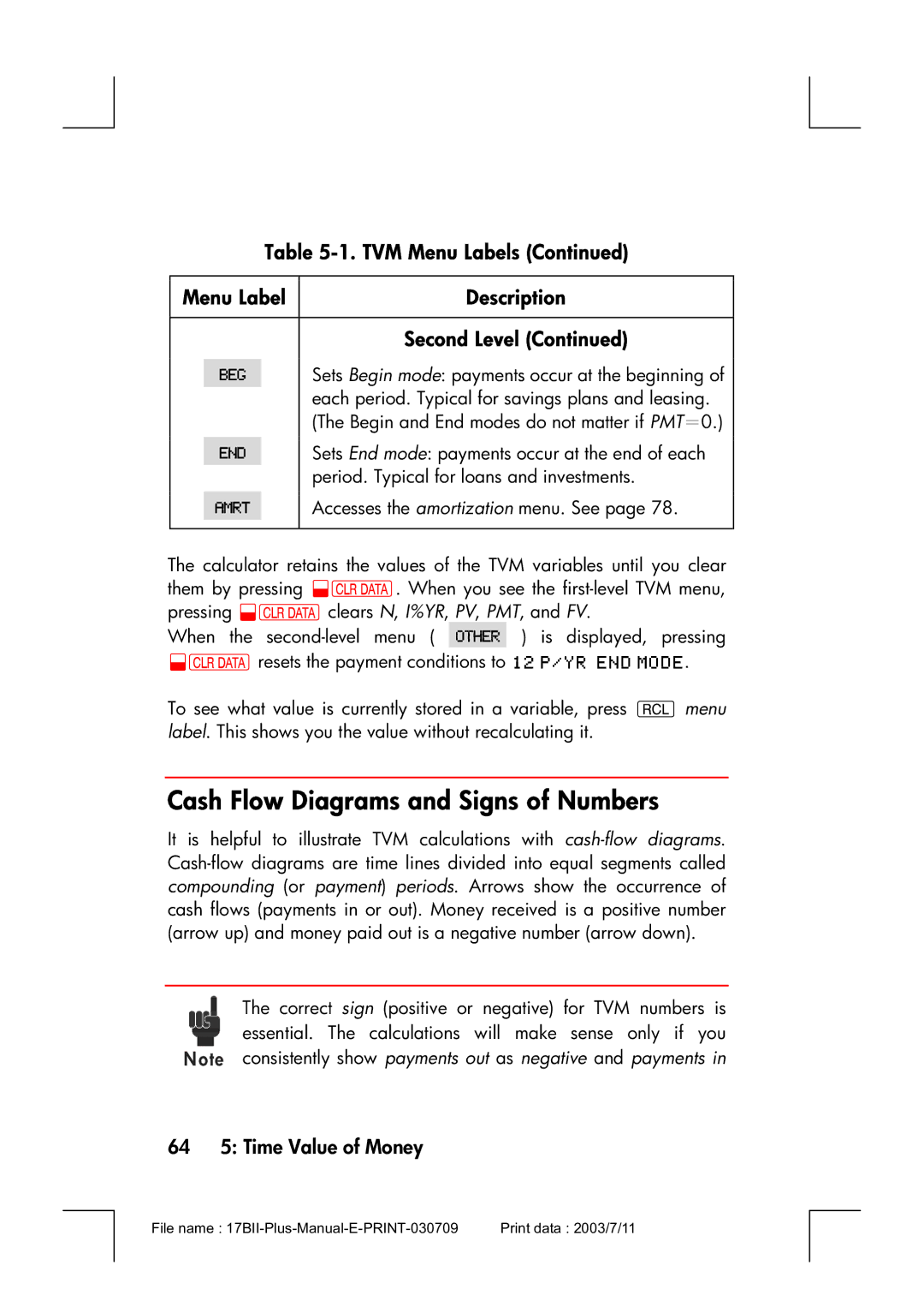 HP 17bII manual Cash Flow Diagrams and Signs of Numbers, 64 5 Time Value of Money 