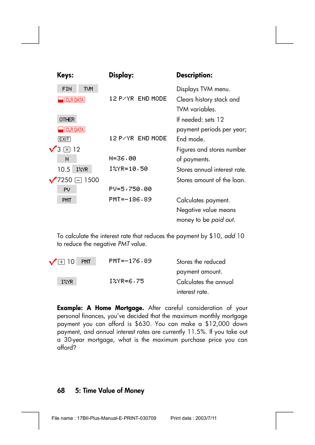 HP 17bII manual 68 5 Time Value of Money, Figures and stores number 