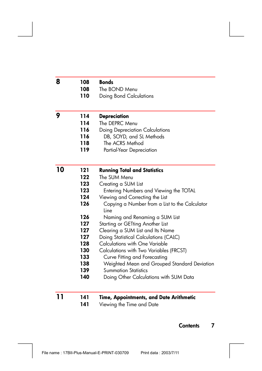 HP 17bII manual Bonds, Depreciation, 10 121 Running Total and Statistics, 11 141 Time, Appointments, and Date Arithmetic 