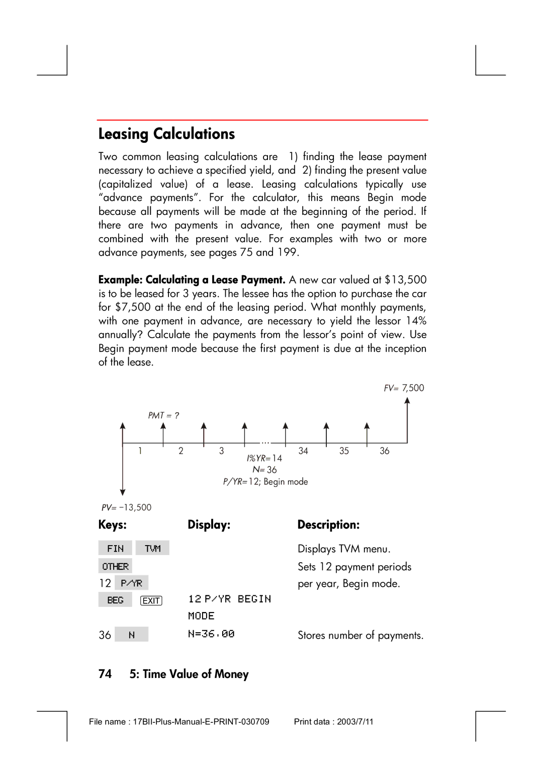 HP 17bII manual Leasing Calculations, 74 5 Time Value of Money 