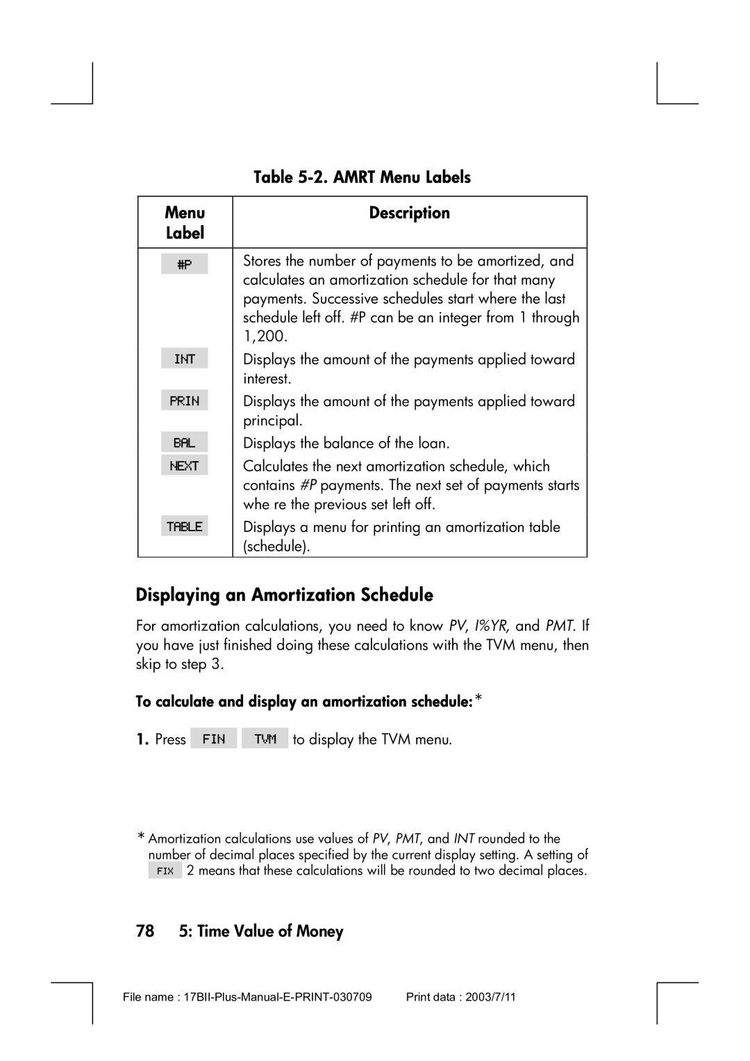 HP 17bII manual Displaying an Amortization Schedule, Amrt Menu Labels, 78 5 Time Value of Money 