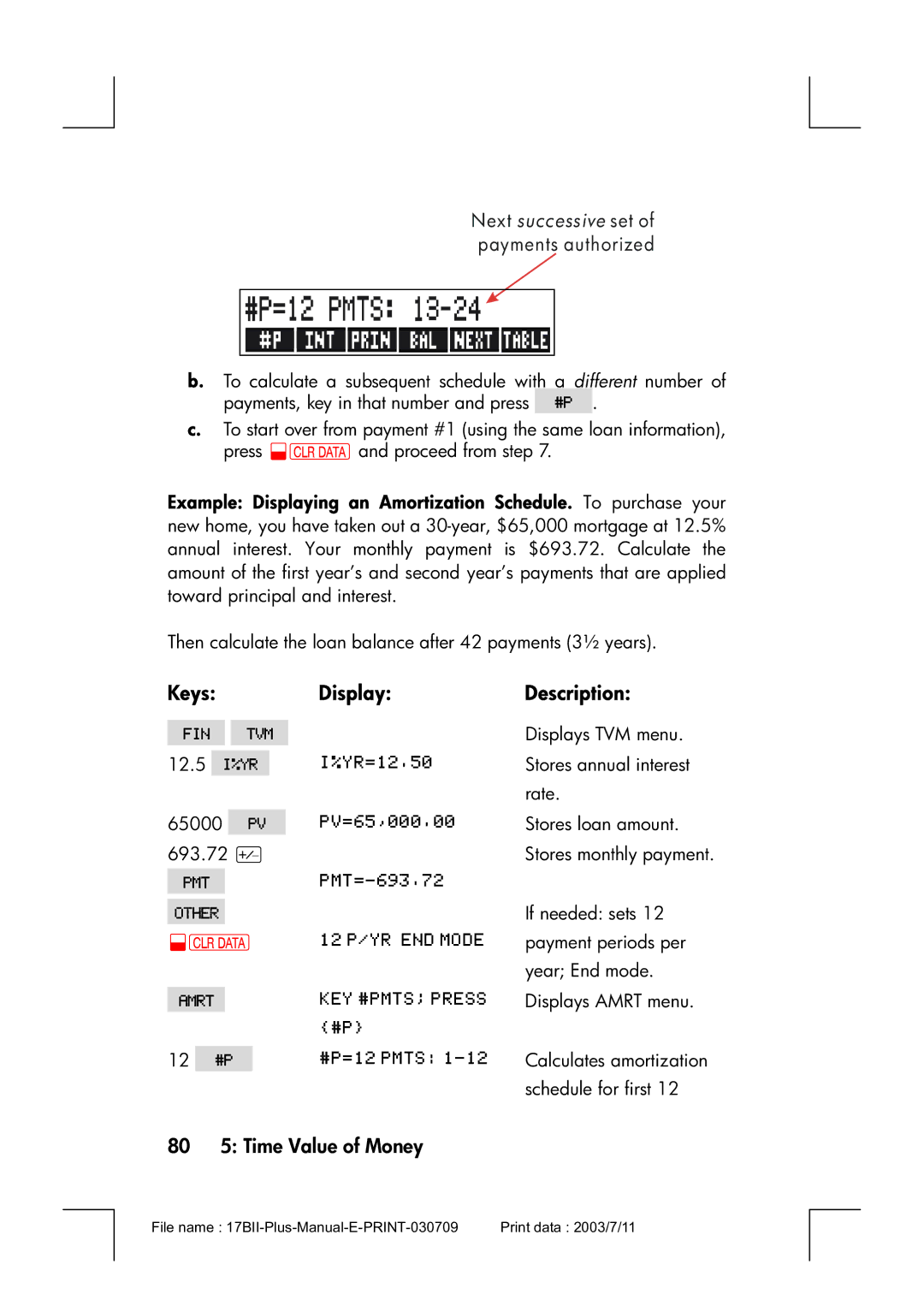 HP 17bII manual 80 5 Time Value of Money, Next successive set of payments authorized 