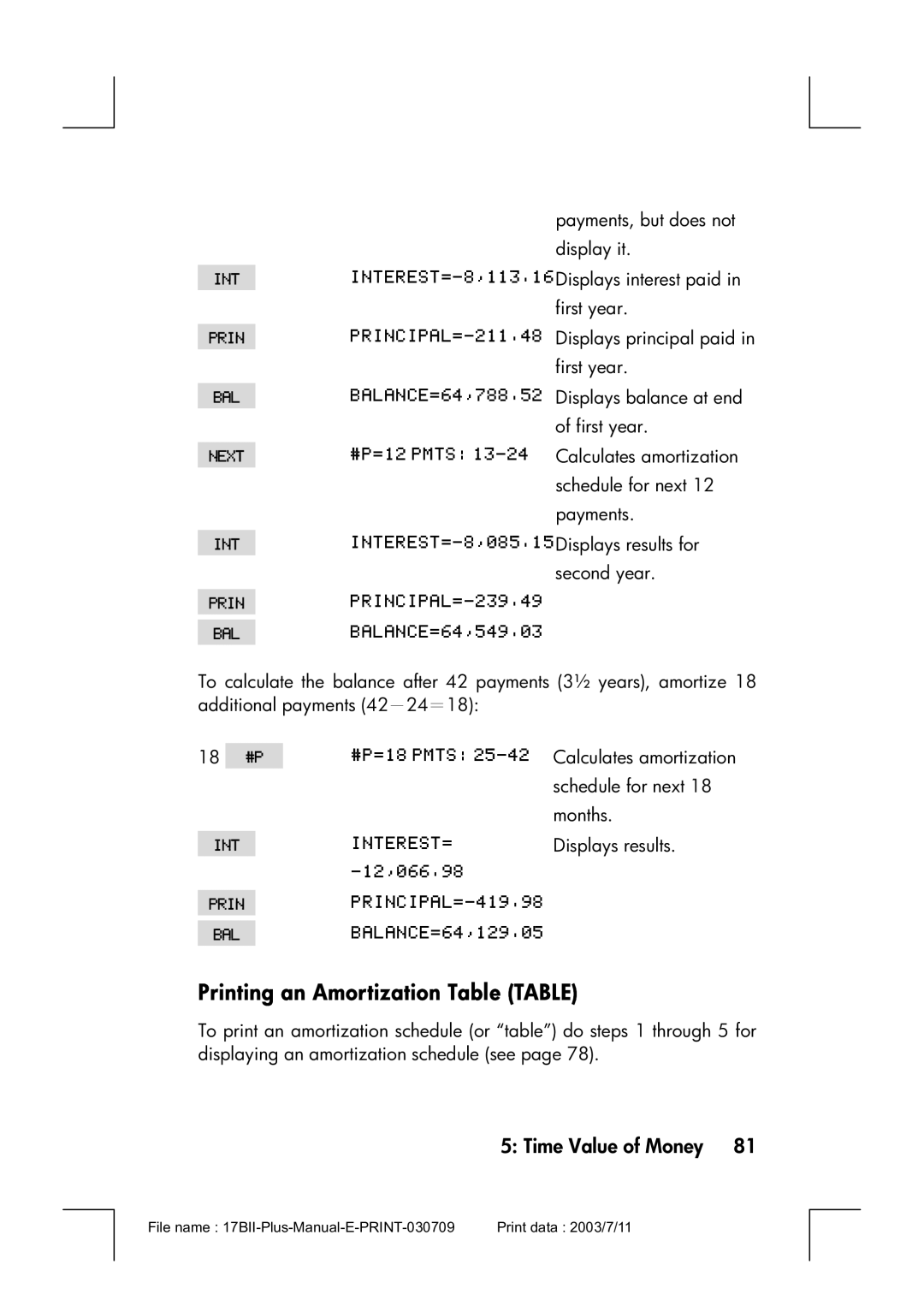 HP 17bII manual Printing an Amortization Table Table 