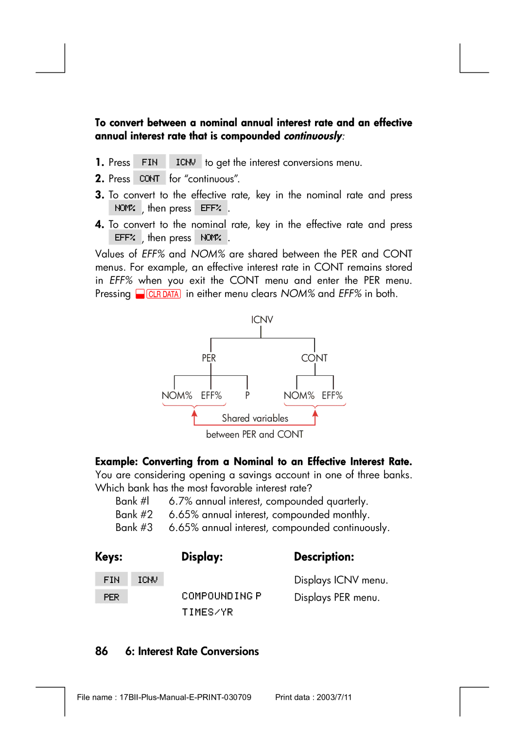 HP 17bII manual Keys Display Description, 86 6 Interest Rate Conversions 