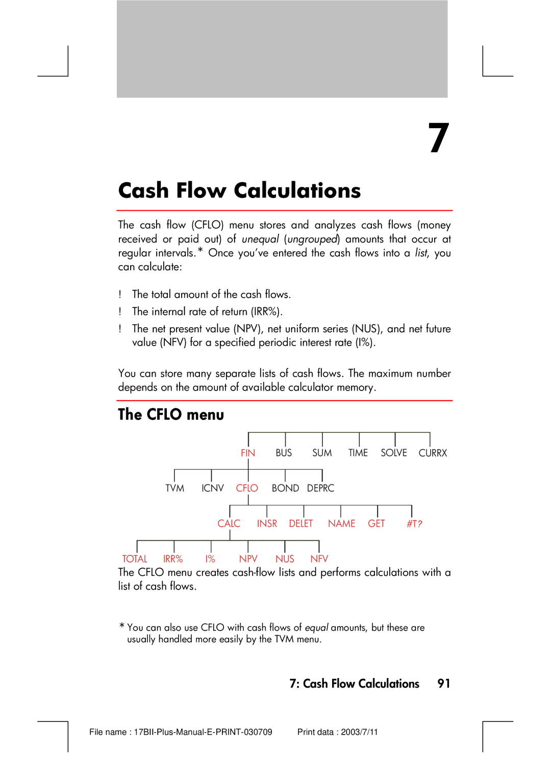 HP 17bII manual Cash Flow Calculations, Cflo menu 