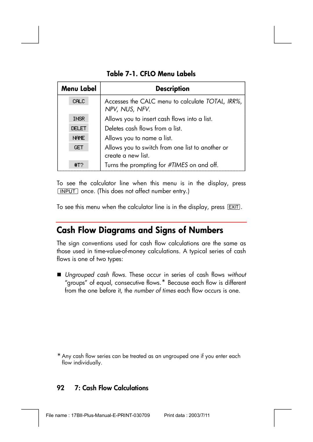 HP 17bII manual Cflo Menu Labels, 92 7 Cash Flow Calculations 