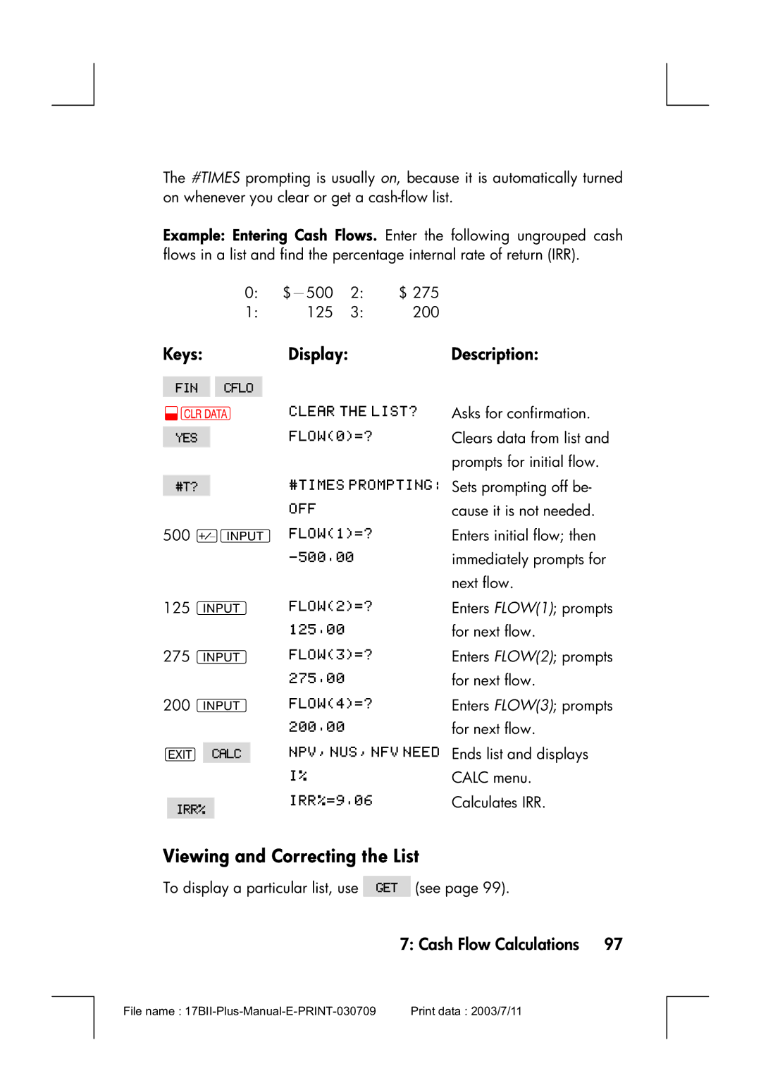 HP 17bII manual Viewing and Correcting the List, Egg 